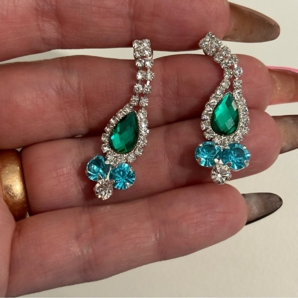 Rhinestones crystal green blue dangle earrings #173 - Picture 6 of 7
